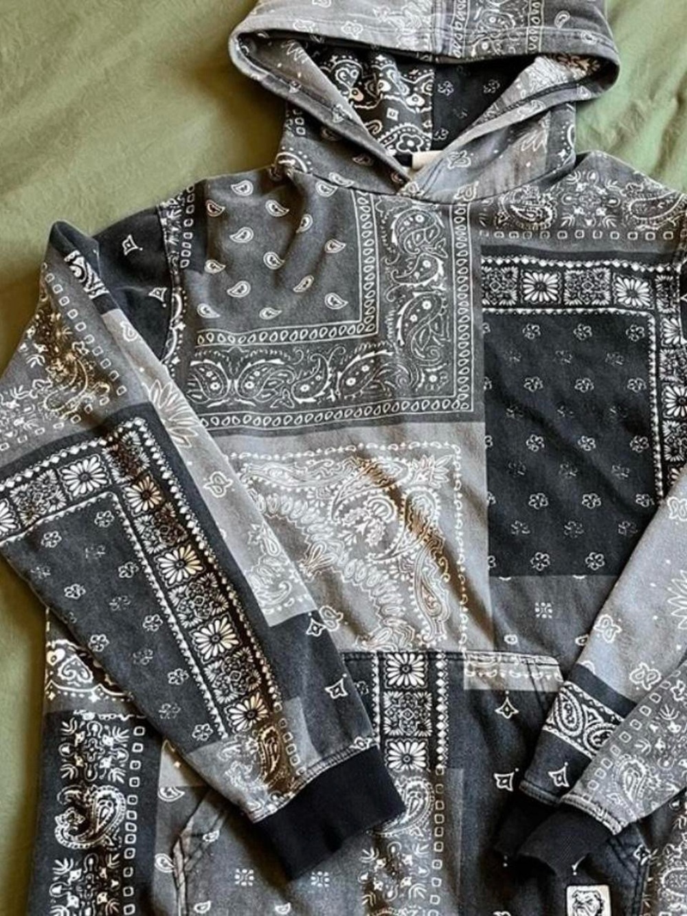 BDG Patchwork Bandana Print Crewneck Hoodie - Gray